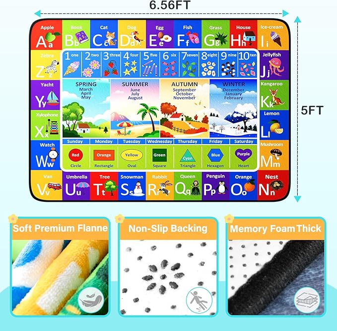 ABC Rug, Toddler Play Mat Rug 5x7 Feet, Extra Thick (0.4in) Washable Baby Play Mat for Floor, Classroom Carpet Non-Slip for Learning, Alphabet, Nursery Mat for Crawling & Fun & Playroom Decor