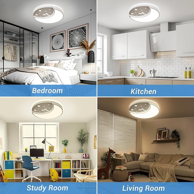 12 Inch Ceiling Light Fixtures, Creative Moon & Star Bedroom Ceiling Lights, 3 Color Temperature Selectable, Dimmable Ceiling Lights for Bedroom,Kids Room Kitchen Dining Room，Round White
