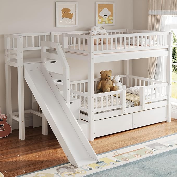 Twin Over Twin Bunk Bed with Storage Staircase, Solid Wood Bunk Bed Frame with Slide and 2 Drawers for Kids Teens Adult Bedroom, No Box Spring Needed (White/63r)