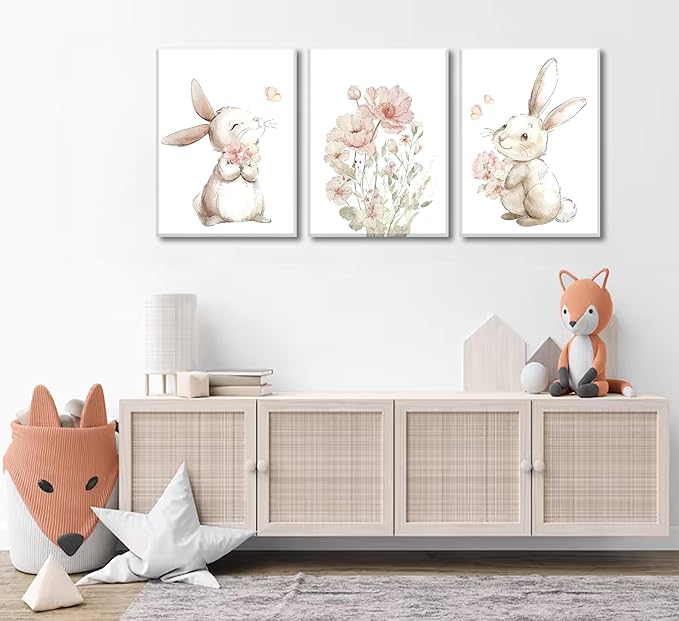 Grengel Pink Girl Nursery Bunny Canvas Wall Art Cute Rabbit Wildflowers Painting Pictures Wall Decor Botanical watercolor Flower Poster printing artwork For Baby Boys and Girls Playroom paintings