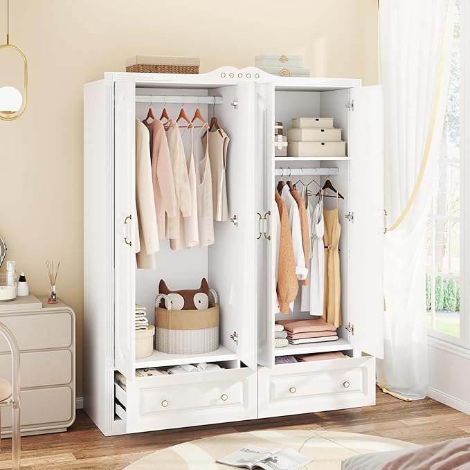 Wardrobe Closet for Hanging Clothes: Armoire Wardrobe Closet with Drawers, Bedroom Armoires with Doors and Shelves, Modern Clothing Cabinet with Hanging Rod (White, 59")