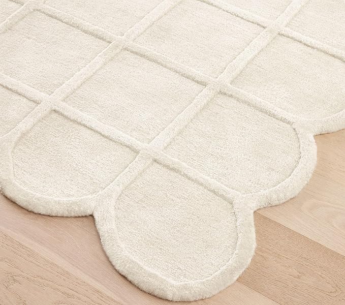 Selena Scallop Area Rug – 4’ x 6' – Handmade Wool Area Rugs – Beige – Rugs for Living Room, Bedroom – Anti-Skid – Carpets with Non-Slip Natural Backing with 100% Cotton