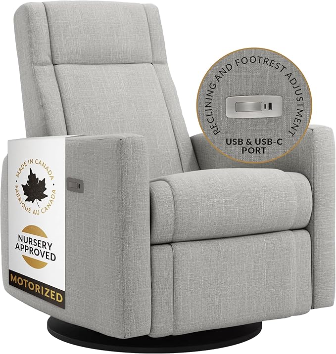 Nelly Modern Nursery Chair Glider Recliner with 180° Swivel - Cozy Motorized Reclining Nursing Chair with USB Ports, Gentle Motion, Hybrid Memory Foam, Lumbar Support (Silver Grey/Nubia Fabric)