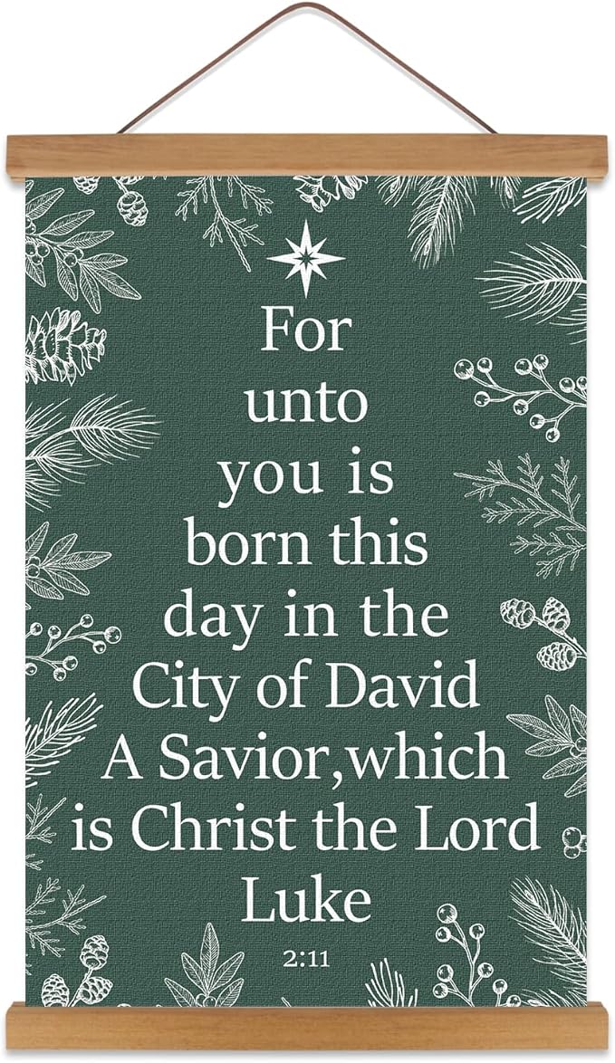 KAIRNE Christmas Wall Art,Christian Poster With Wooden Hanger(13.8”X22”),Green Snow Tree Picture,Xmas Bible Wall Decor,Christmas Gift for Friends Family Living Room Bedroom Farmhouse Decoration