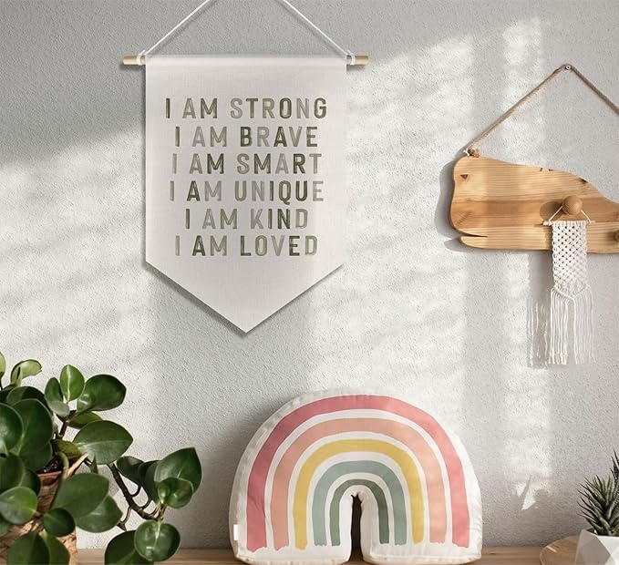 Kids Room Nursery Classroom Decor, Motivational Positive Affirmations Wall Decor for Kid Baby Boy Girl Bedroom Playroom, I Am Kind Hanging Canvas Banner, 15x11in