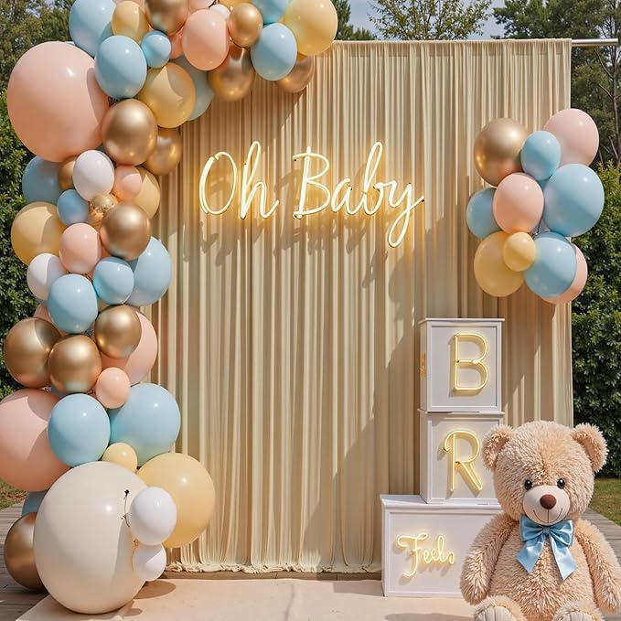 10×14 ft Beige Backdrop Curtain for Wedding Parties, 2 Panels 14ft Long Wrinkle Free Silky Polyester Backdrop Drapes Tan Photo Back Drop Cloth for Birthday Baby Shower Photography Backgrounds