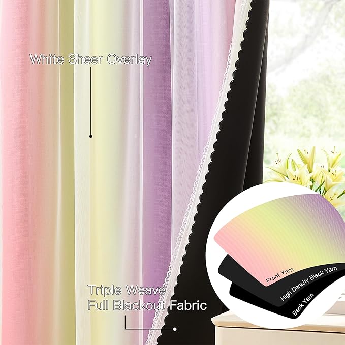 XiDi Blackout Curtains with Sheer Overlay for Girls Bedroom Double Layer Curtains for Kids Nursery Room Darkening Rainbow Princess Unicorn Wall Decals Pink Yellow Purple Grommet Top 2 Panels W34xL63