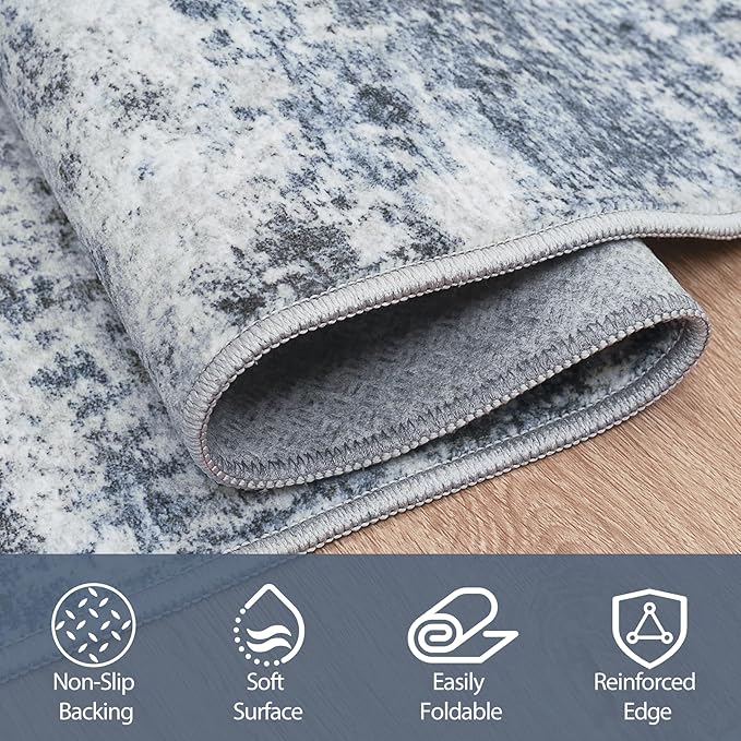 Round Rug 5ft Circle Rug Washable: Carpet Small Circular Area Rug for Entryway Kitchen Bedroom Dining Room Living Room 5 Feet Abstract College Dorm Non Slip Low Pile Blue Grey