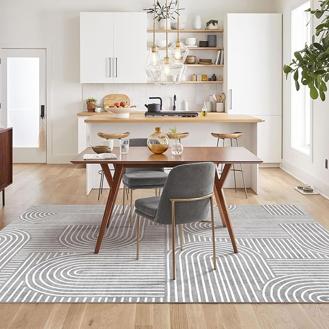 Washable Area Rug 5x7 - Boho Living Room Rug Soft Bedroom Rug Ultra-Thin Grey Modern Abstract Rainbow Dining Room Rugs Indoor Carpet for Living Room Nursery Room