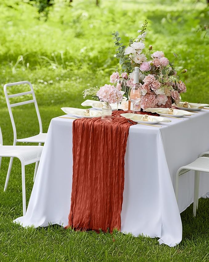 Pureegg 2-Pack Fall Thanksgiving Table Runner, 120'' Boho Table Cloth Decorations for Party, Baby Shower, Wedding and Farmhouse, Fabric Room Decor, Rust, Terracotta