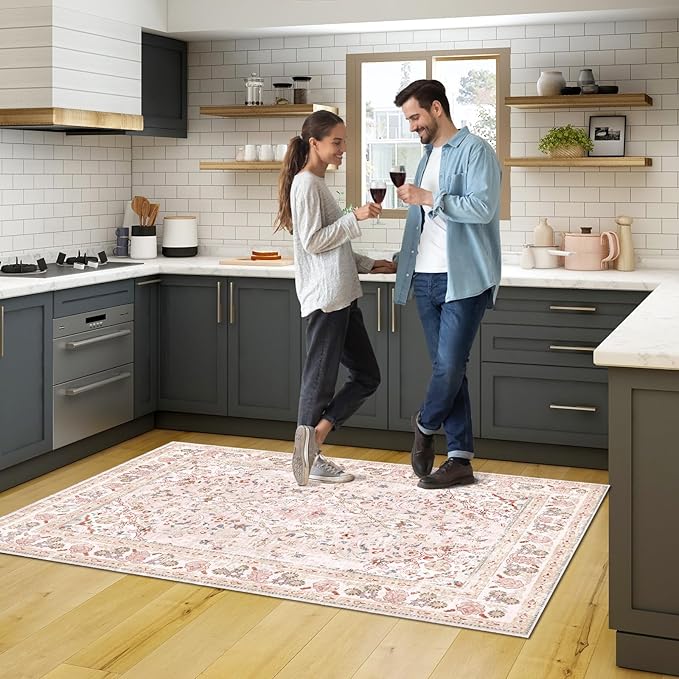 Vhong Pink Area Rugs Washable Boho Vintage Modern Neutral Small Carpet 3×5 High Traffic Rugs for Dinning Room Living Room Bedroom Girls' Room Nursery Room Non Slip