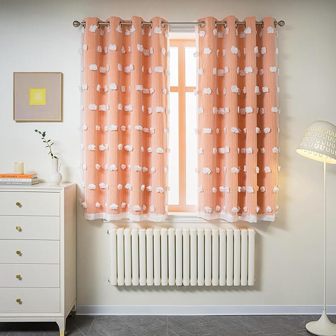 MYSKY HOME Orange Curtains for Bedroom 54 Inch Long Double Layer Curtains for Kids Room Kithen White Pom Pom Sheer Nursery Curtains Grommet Room Darkening Small Window Curtains 2 Panels 52" x 54"