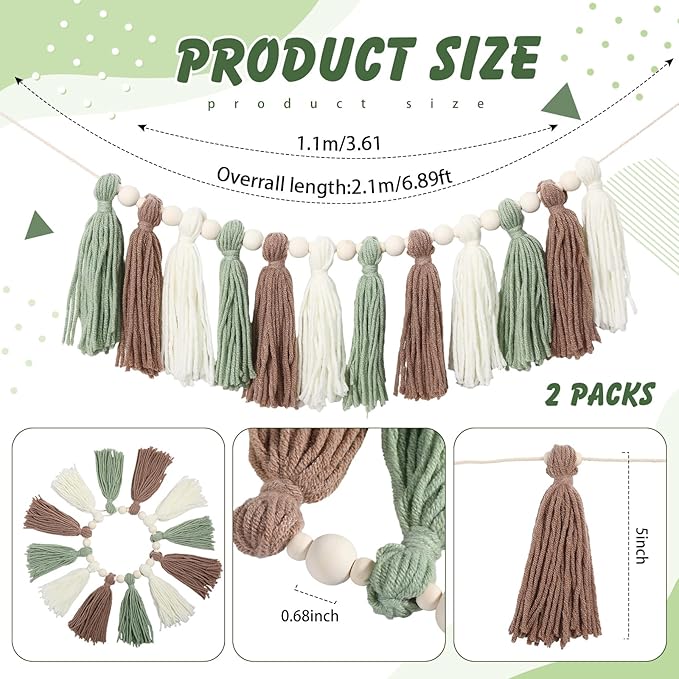 2 Pcs Tassel Garland with Wood Beads, Handmade Cotton Yarn Wall Hanging Banner Boho Tassel Wall Hanging Party Decor for Nursery, Birthday Baby Shower Home Classroom Decoration(Earth Tones)
