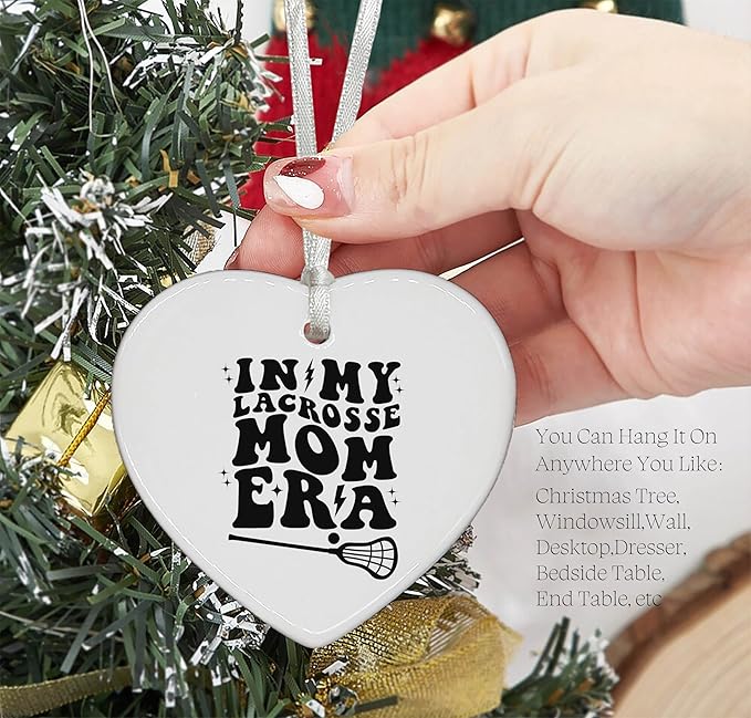 Heart Shaped Christmas Ornament-Lacrosse Mom Gift-Game Day Present for Mother Mama-Coach Appreciation Keepsake-Birthday or Mother's Day Ceramic Ornament-Home Decor in My Lacrosse Mom Era
