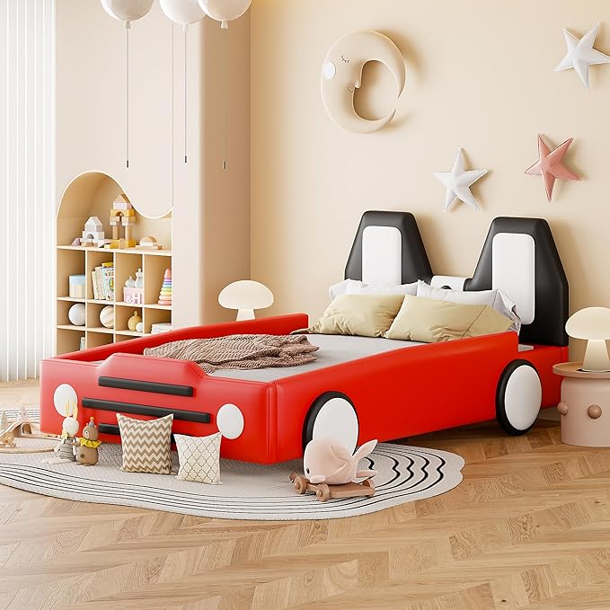 Twin Size Race Car Bed for Kids, PU Car-Shaped Bedframe with Wheels and Side Rails for Boys,Girls, Wood Slat Support, No Box Spring Needed,White