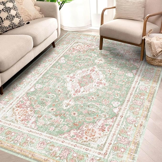 Vhong Washable Area Rugs Boho Vintage Modern Neutral Small Carpet Green and Pink High Traffic Rugs 4×6 for Dinning Room Living Room Bedroom Farmhouse Non Slip