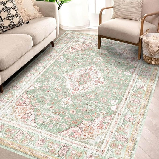 Vhong Washable Area Rugs Boho Vintage Modern Neutral Small Carpet Green and Pink High Traffic Rugs 4×6 for Dinning Room Living Room Bedroom Farmhouse Non Slip