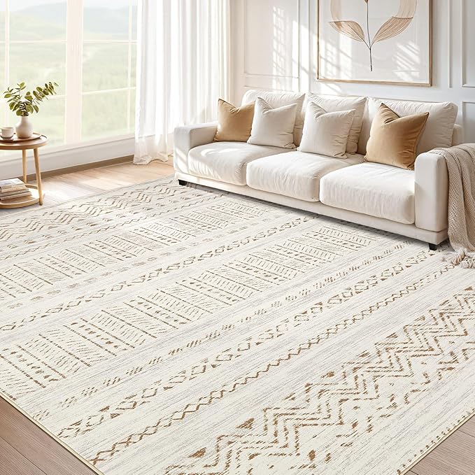 Area Rugs for Living Room Washable Living Room Rug Soft Neutral Indoor Floor Carpet Non-Slip Stain Resistant Modern Boho Rugs for Bedroom Dining Room Kids Room Nursery Office Home Brown Cream