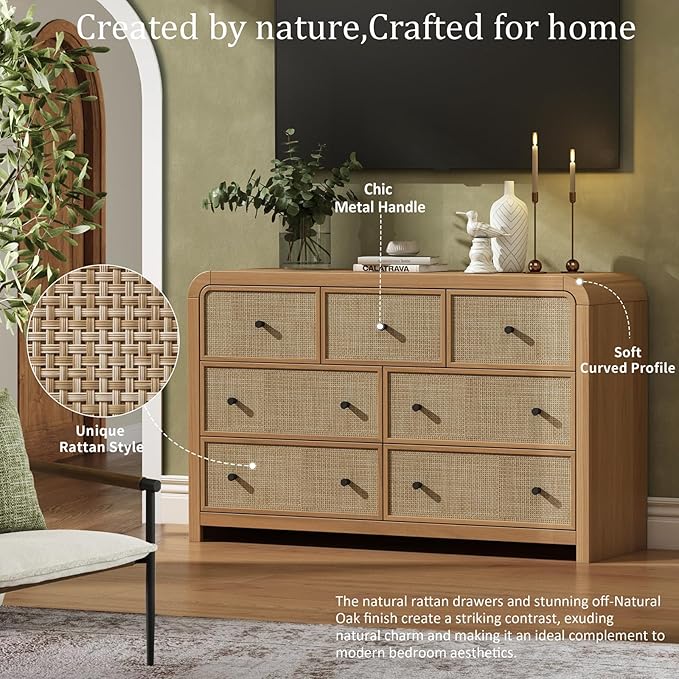 Oak&Sparrow 7 Drawer Dresser for Bedroom, 49'' Rattan Dresser with Ample Storage, Boho Chest of Drawers, Thickened Curved Profile Design, Oak Dressers for Bedroom, Living Room