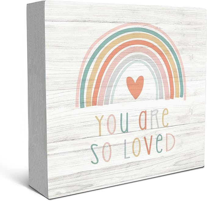 SRADMO You Are So Loved Rainbow Heart Wood Box Sign Desk Decor 8x8, Kids Inspirational Quotes Wooden Block Box Sign Decoration For Kids Room Nursery Playroom Shelf Table Decor