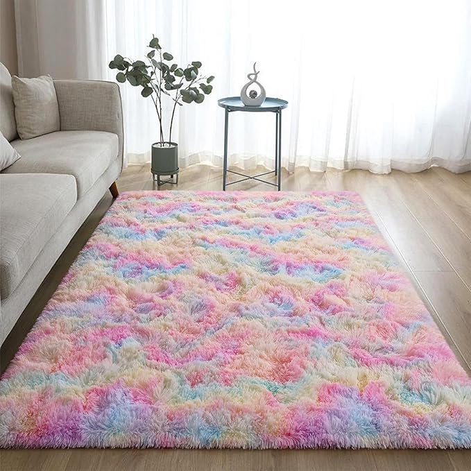 DweIke Fluffy Rainbow Rugs for Bedroom Living Room, 3x5 Feet Soft Plush Shaggy Colorful Pink Girls Boys Kids Rug, Non-Slip and Machine Washable Carpet for Dorm Nursery Classroom Decor