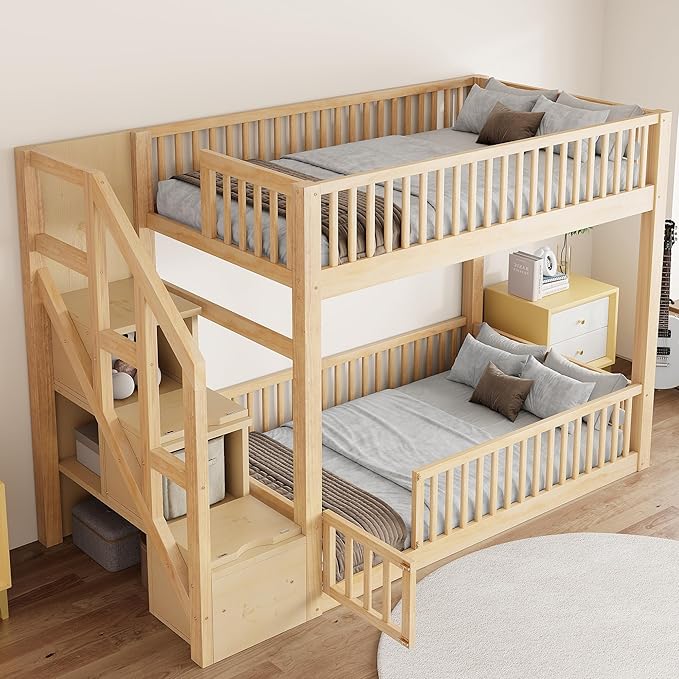 Twin Over Twin Floor Bunk Bed with Storage Staircase, Solid Wood Bunk Bed Frame with Full Length Fence-Shaped Guardrails for Kids Teens Adult Bedroom, Space Saving Design (Natural-Twin/Twin)
