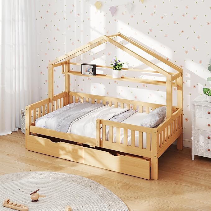 Aoowow Full Size House Bed with Storage Drawers and Shelf, Kids Twin Bed Frame Wooden Platform Bed with Guardrails and Slats for Boys Girls Teens for Bedroom(Natural)