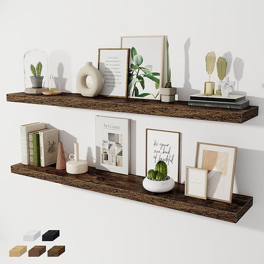 Fun Memories 55 Inch Long Floating Shelves for Wall, 8" Deep Floating Shelves for Bathroom Living Room Bedroom, Rustic Wall Mounted Shelf with Invisible Heavy-Duty Bracket, Set of 2, Rustic Brown