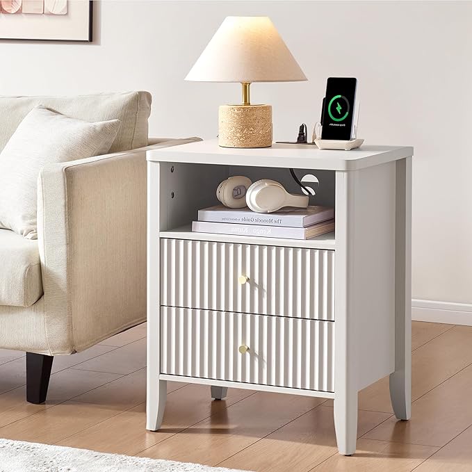 Fluted Nightstand with Charging Station, 21" Wide Modern Bedside Table with 2 Drawers & Open Shelf, Wood End Table with Storage & Metal Handle for Bedroom, Small Spaces, Creamy White