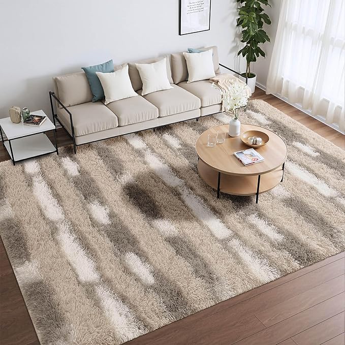 Meralax Area Rugs for Living Room Bedroom, Machine Washable 5x8 Feet Soft Fluffy Shaggy Bedside Rug, Beige and White Stripe Indoor Floor Carpet for Boys, Dorms, Nursery Rooms, Home Decor Aesthetic