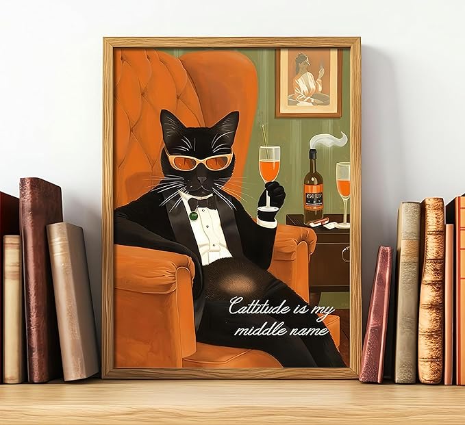 3Pcs Funny Cat Canvas Wall Art Elegant White Black Orange Cat Drinking Cocktail Painting Picture Wall Decor Luxury Feline Poster Print Bar Cart Artwork Decor for Bar Dining Room Bedroom Home Decortion