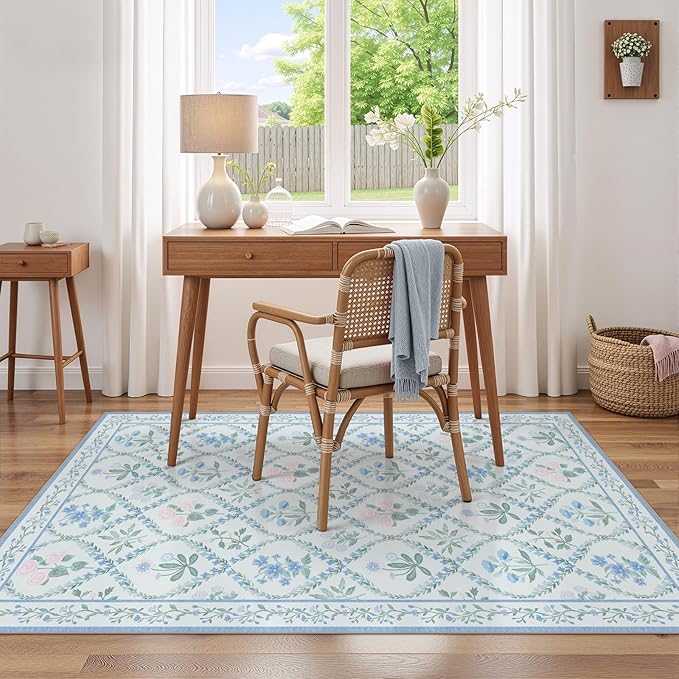 3x5 Baby Nursery Rug, Boho Blue Floral Area Rugs Machine Washable, Soft Ultra-Thin Botanical Carpet Non Slip for Girls Room Bedroom Entryway Playroom Living Room,Blue Multi