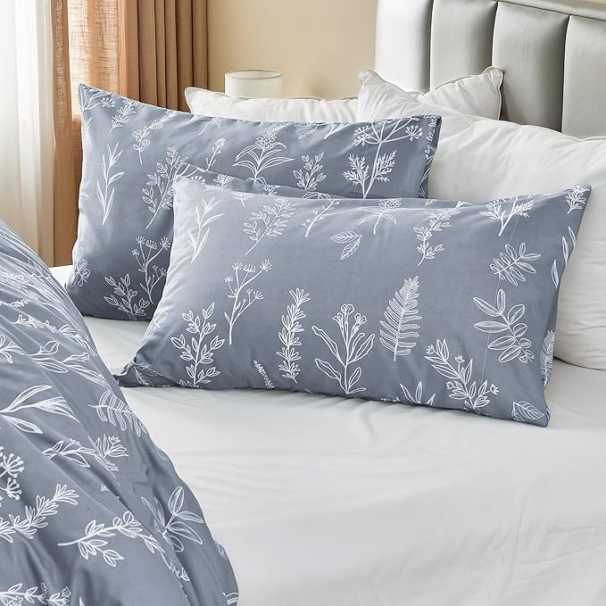 MUXHOMO Duvet Cover Full Size, Reversible Floral Grey Duvet Cover Set with Zipper Closure, 3 Pieces Botanical Patterns Soft Microfiber Bedding Set with 4 Ties (80"x90", 2 Pillow Cases)