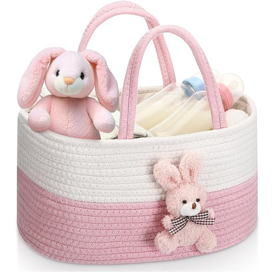 Bunny Baby Diaper Caddy Organizer Cotton Rope Nursery Storage Bin Basket Baby Shower Basket Gift Portable Holder Tote Bag with Handle for Changing Table Car Travel Registry Newborn Gift