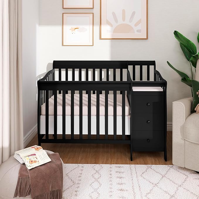 Dream On Me Jayden 4‑in‑1 Mini Convertible Baby Crib & Changer with Storage in Black, Pinewood, GreenGuard Gold & JPMA, 1” Mattress Pad, 3 Mattress Heights, Converts to Mini Day & Twin-Size Bed