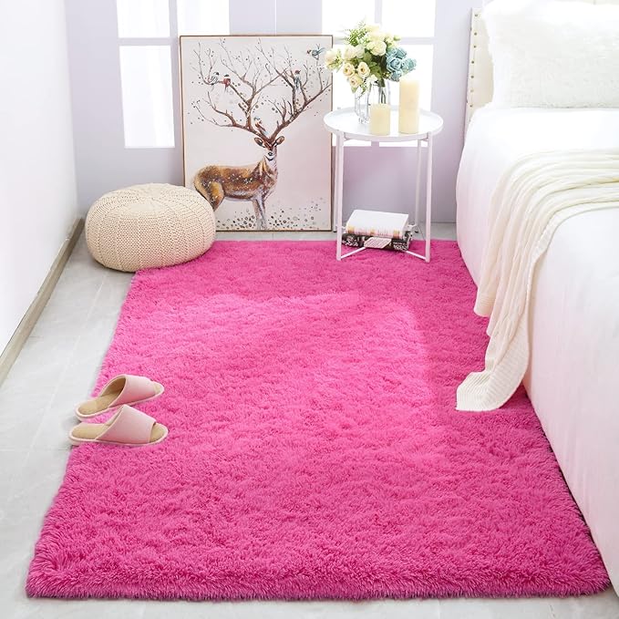 Merelax Modern Soft Fluffy Large Shaggy Rug for Bedroom Livingroom Dorm Kids Room Indoor Home Decorative, Non-Slip Plush Furry Fur Area Rugs Comfy Nursery Accent Floor Carpet 4'x6' Hot Pink