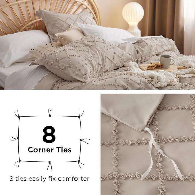Bedsure Boho Duvet Cover Queen Size - Khaki Breathable & Soft Boho Bedding, Machine Washable Comforter Cover for All Seasons, Includes 1 Duvet Cover 90"x90" with 2 Pillow Shams & Zipper Closure
