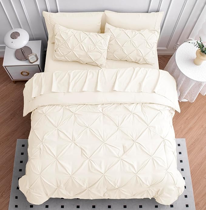 LANE LINEN Queen Comforter Set - 7 Pieces Pintuck Bed in A Bag, Queen Bed Set with Comforters, Sheets, Pillowcases & Shams, Bedding Set - Ivory