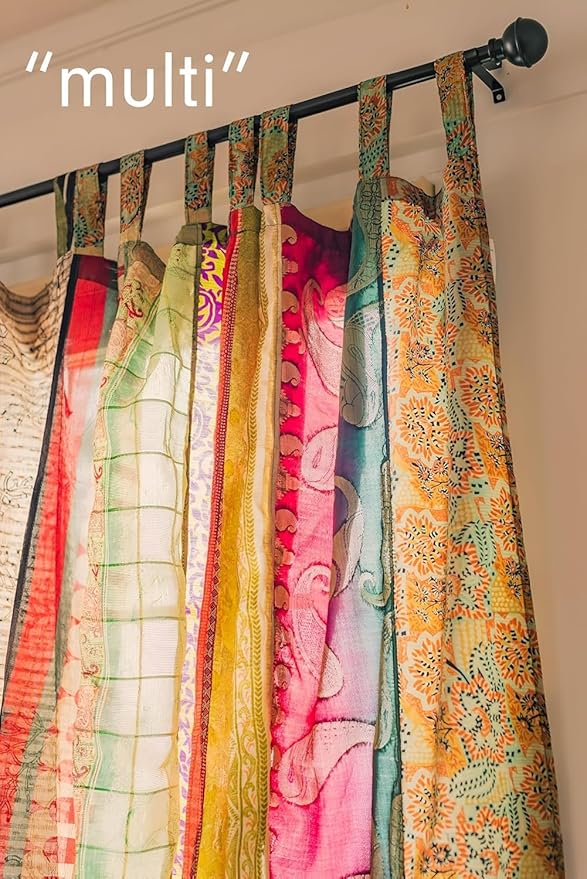 YILLE 1 Piece Silk Saree Curtains - Boho Curtain, Window, Room Curtain for Home Decor LightWieght Aesthetic Vibe (Multi-Color)