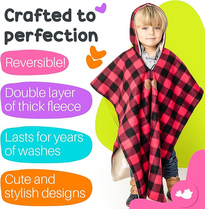 Birdy Boutique Car Seat Poncho for Kids – Reversible Warm Blanket with Hoodie – Safe to Use Over Seat Belts – Easy On, Easy Off, and Doesn’t Impact Seat Performance - Deer and Buffalo Plaid – One Size