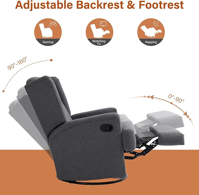 UIXE Swivel Glider Recliner Chairs Set of 2, Fabric High Back Accent Chair Nursery Rocker for Living Room, Upholstered Manual Reclining Sofa Seating with Deep Seat - Charcoal Gray