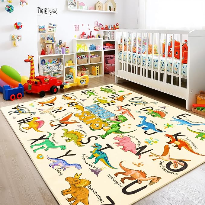 Kids Rugs for Playroom, 4x5 Feet Educational Rug for Learn The ABC Alphabet, Soft Machine Washable Non-Slip Cute Dinosaur Carpet for Classroom Toddler Nursery Kids Room Decor Mat, Beige