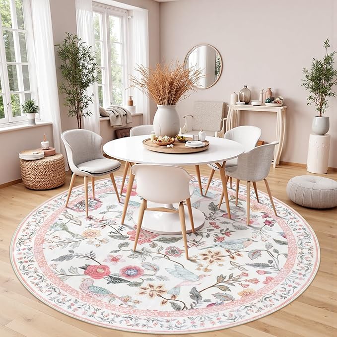 Pink Floral Round Rugs 6ft, Washable Boho Large Circle Rug for Living Room, Soft Non-Slip Botanical Nursery Circular Carpet, Modern Flower Birds Throw Rug for Kids Room Bedroom