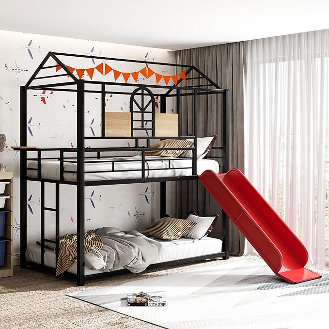 MERITLINE Metal Bunk Bed Twin Over Twin Bunk Bed Frame with Slide,Twin Over House Bed with Guardrails