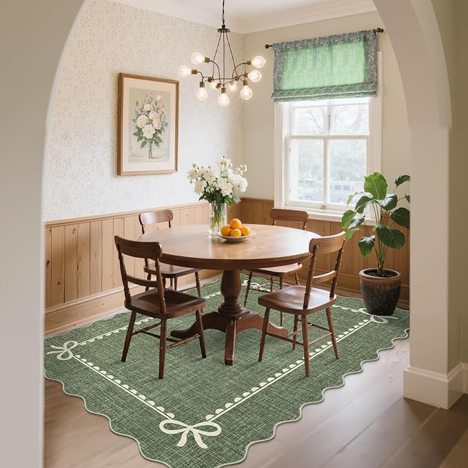 GarveeHome Scalloped Bow Rug for Living Room, Solid Green Rug for Dorm, Washable Rugs 6x9 Soft Low Pile Non Slip Scalloped Rugs for Nursery College Bedroom Decor Kids Room Playroom