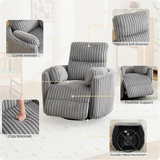 Power Nursery Rocking Chairs Swivel Glider Reclining Chair with 2 Pillows, Nursery Glider Rocking Recliner with Type-C & USB Charger Port, Corduroy Upholstery Armchair for Living Room/ Light Grey