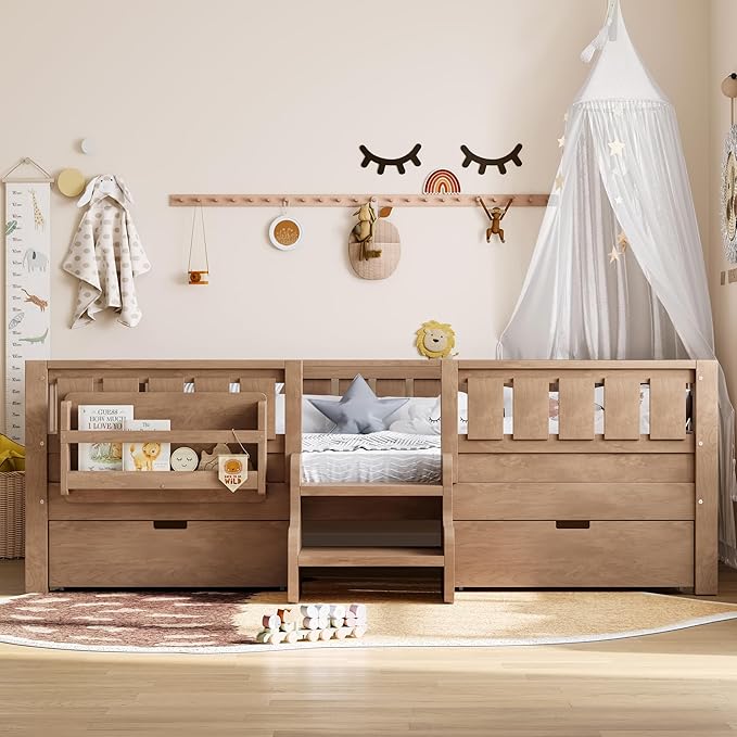 Bellemave Full Size Bed with Slats and Stairs, Full Size Platform Bed Frame with Fence, Bookshelf and Storage Drawers, Easy Assemble Beds for Kids, Girls, Boys, Natural
