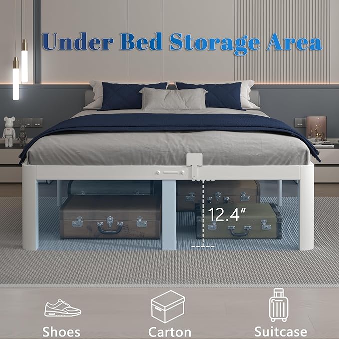 14 Inch King Size Bed Frame, White King Bed Frame with Metal Baffles, No Box Spring Needed, Heavy Duty Steel Platform Support, Round Corner Legs, Reserved Holes, Noiseless, Storage Space