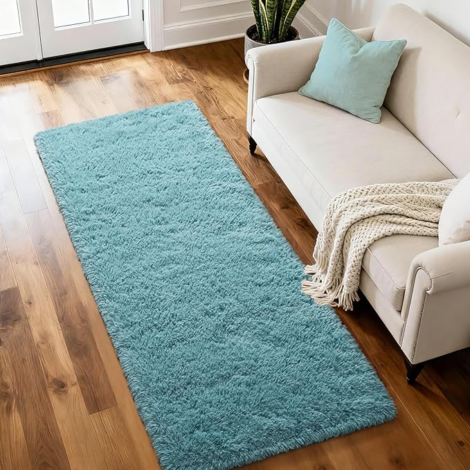 Merelax Soft Fluffy Rugs for Bedroom Living Room, 2x6 Hallway Runner Rugs, Furry Shag Bedside Area Rug Indoor Accent Floor Carpet, Plush Fuzzy Rug for Dorm Nursery Kids Room Decor, Turquoise Green