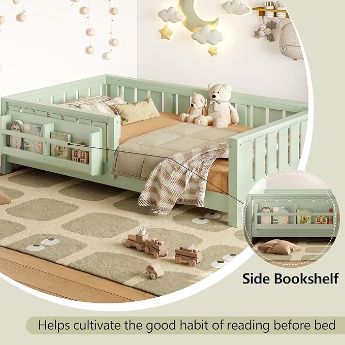 Bellemave Twin Floor Bed with Slats and Safety Guardrail, Twin Size Montessori Floor Bed with Fence and Built-in Bookshelf, Easy Assemble Montessori Beds for Kids, Girls, Boys, Green